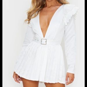 White Satin Plunge Pleated Romper